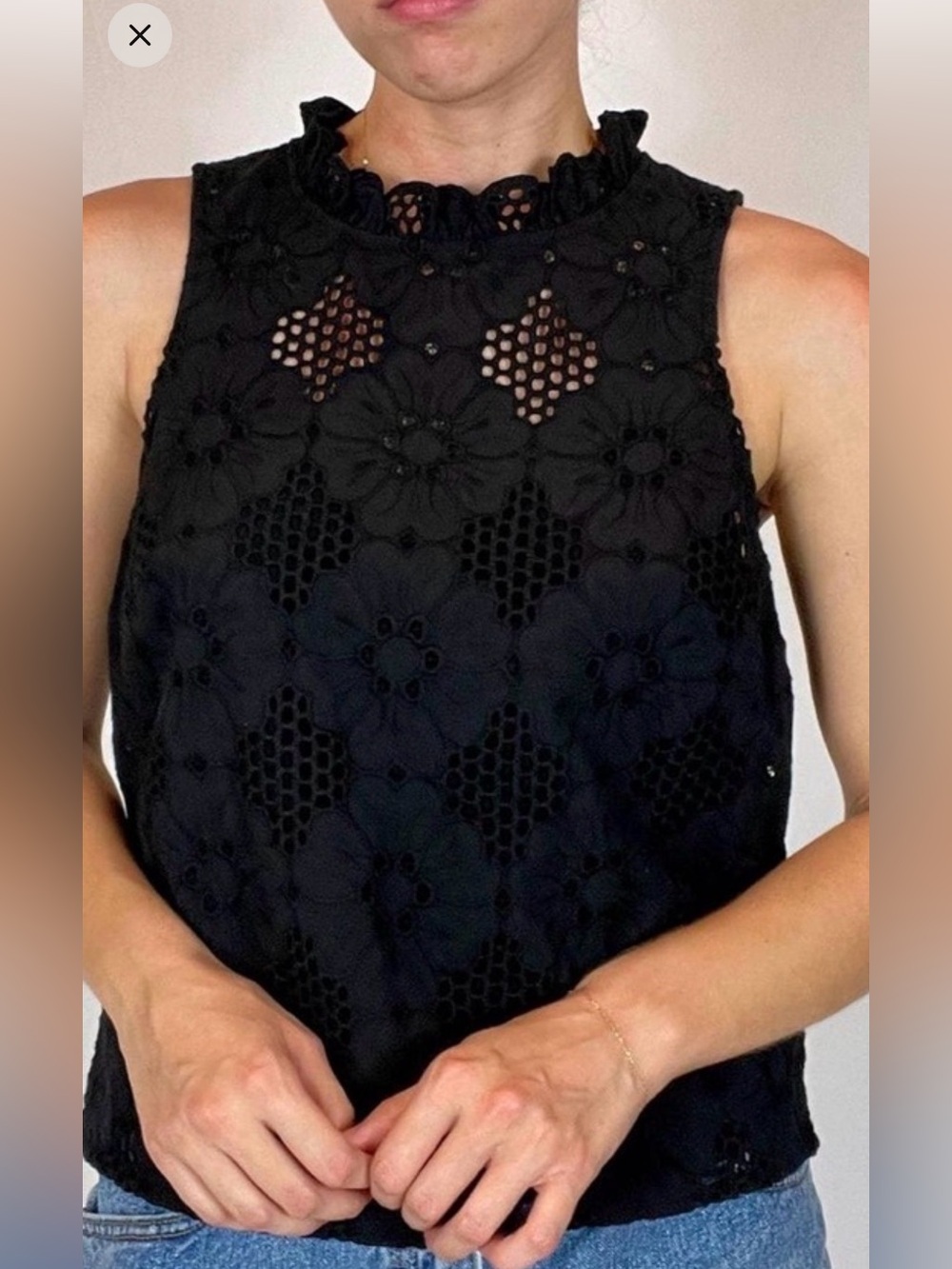 J. Crew Black Floral Eyelet Sleeveless Mock Neck Camisole